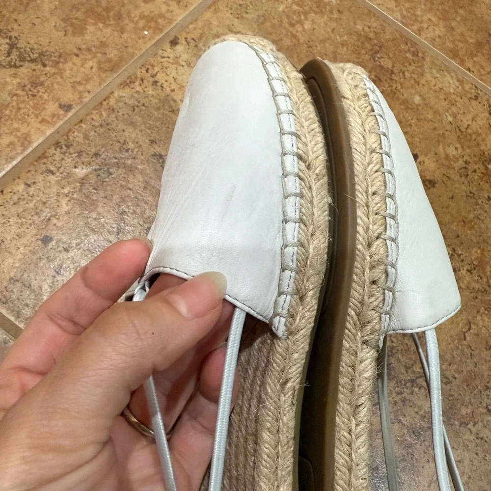 Eileen Fisher Lee Whitewash Leather Espadrille Flats Elastic Straps White Sz 10